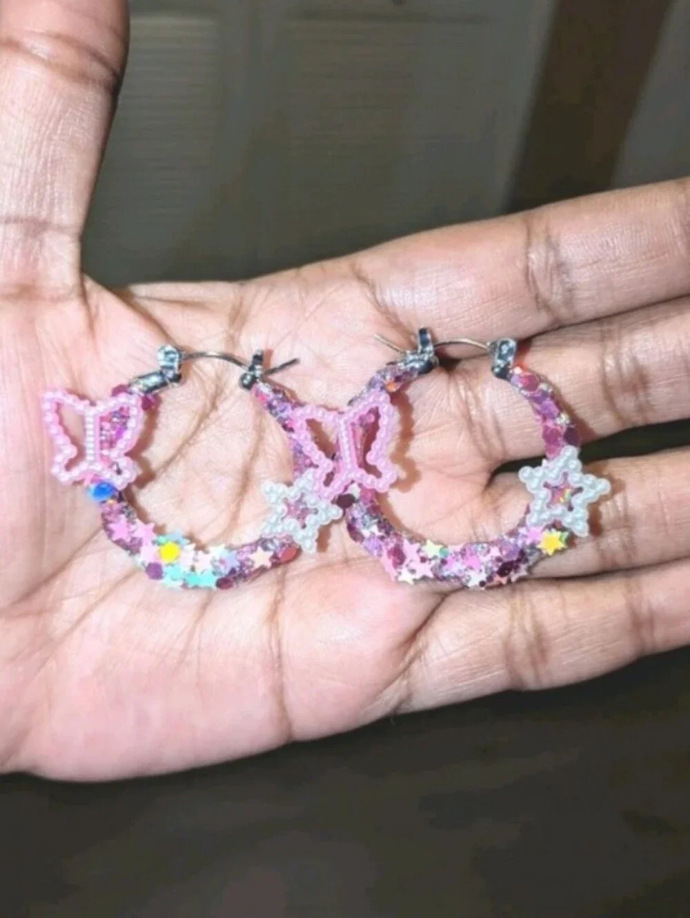 Handmade Pink Butterfly & Star Hoop Earrings - Pink Sparkle For Kids And Adults